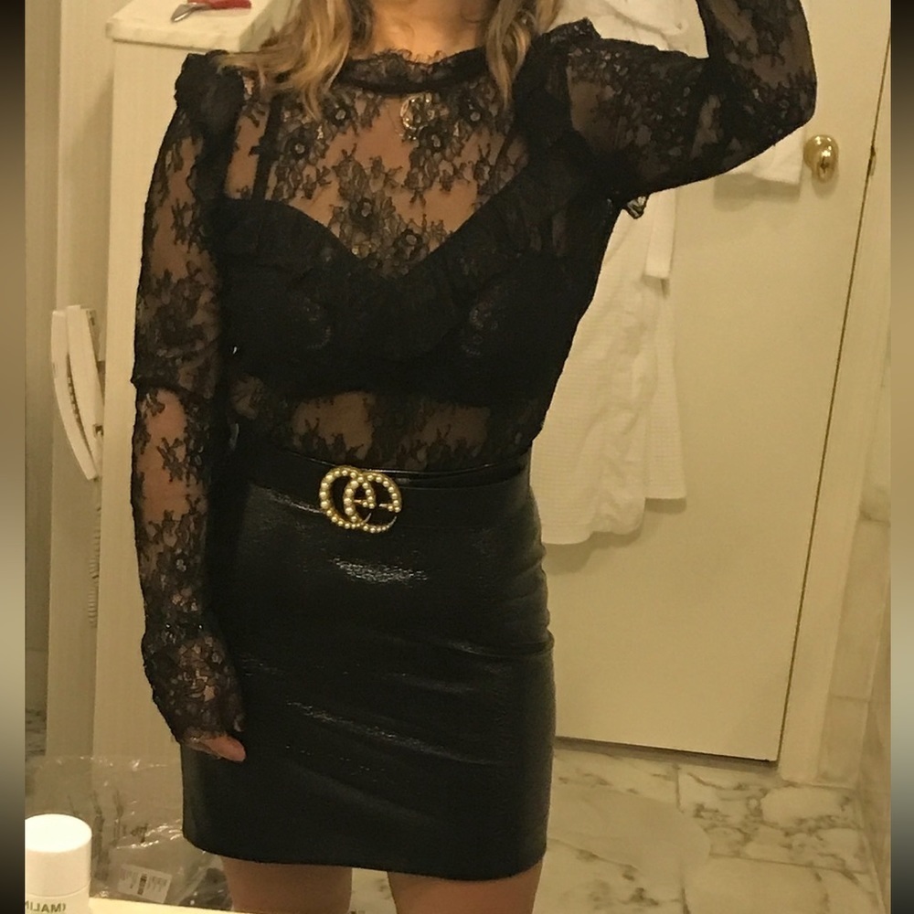 Majorelle Black Lace High-neck Ruffled Blouse